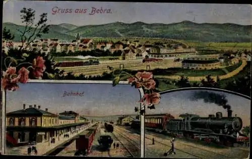 Ak Bebra an der Fulda in Hessen, Ort mit Umgebung, Bahnhof, Dampflok