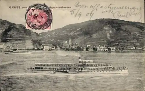 Ak Assmannshausen Rüdesheim am Rhein, Teilansicht, Schiff