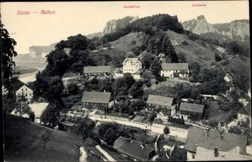 Ak Kurort Rathen im Elbsandsteingebirge, Ortsansicht, Talblick, Bastei, Gans- u. Basteifelsen