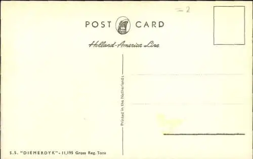 Ak Dampfer SS Diemerdyk, Ansicht Steuerbord, Holland America Line, HAL