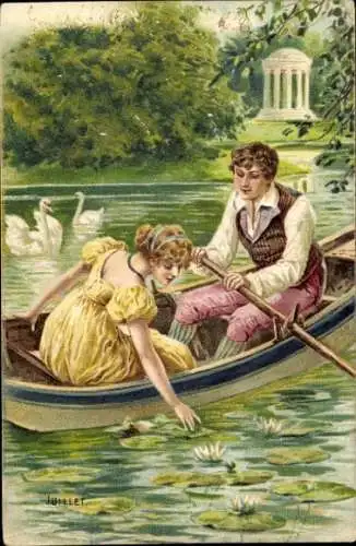 Präge Litho Allegorie, Juli, Liebespaar im Ruderboot