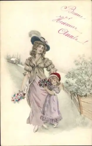 Ak Glückwunsch Neujahr, Frau und Mädchen mit Blumensträußen
