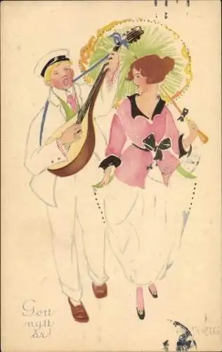 Künstler Ak Stenberg, Glückwunsch Neujahr, Mann mit Laute, Frau mit Sonnenschirm