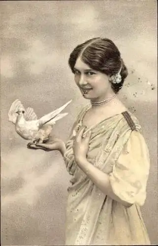 Litho Frau mit Taube auf der Hand