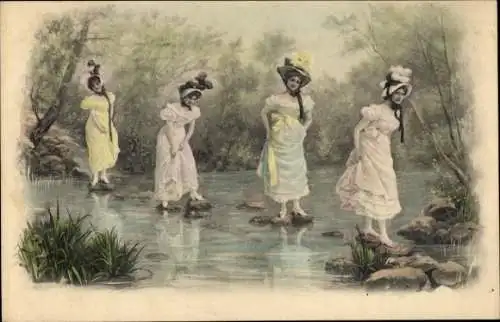 Künstler Ak Vier junge Frauen überqueren einen Bach, Munk Nr 257