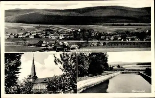 Ak Düderode Kalefeld am Harz, Panorama, Badeanstalt, Kirche