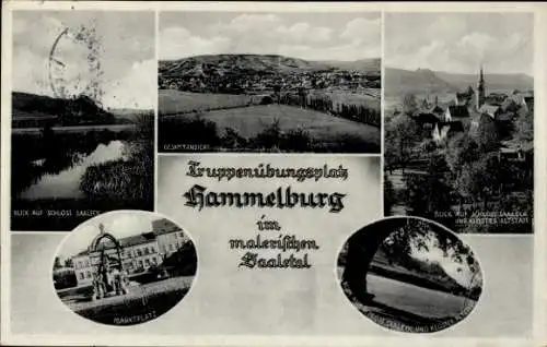 Ak Hammelburg in Unterfranken Bayern, Truppenübungsplatz, Schloss Saaleck, Gesamtansicht, Markt