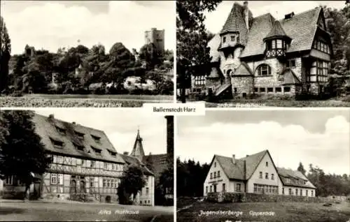 Ak Ballenstedt im Harz, Roseburg, Städt. Badehaus, Altes Rathaus, Jugendherberge Opperode