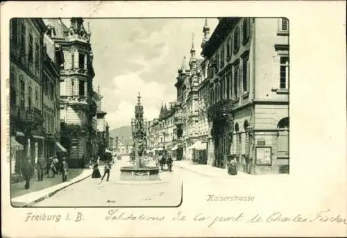 Ak Freiburg im Breisgau, Kaiserstraße, Brunnen, Passanten