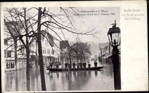 Ak Bodenwerder in Niedersachsen, Hochwasser Februar 1909, Große Straße, Eckberg