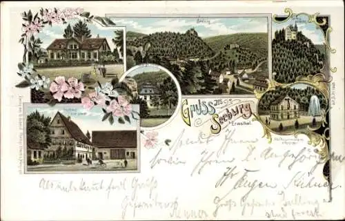 Litho Seeburg im Ermstal Bad Urach in der Schwäbischen Alb, Forsthaus, Ortsansichten