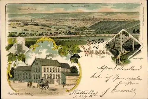 Litho Waldeck in Thüringen, Gasthof zum alten Schloss, Hochwaldgrotte, Panorama Bürgel