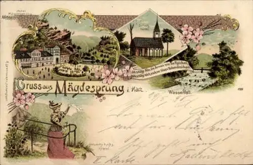 Litho Mägdesprung Harzgerode am Harz, Schutzhütte, Wasserfall, Hotel