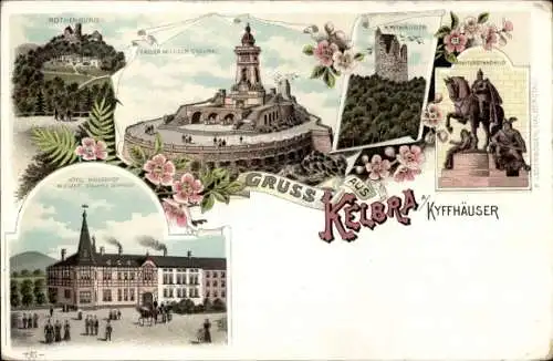 Litho Kelbra am Kyffhäuser, Kaiser Wilhelm Denkmal, Hotel Kaiserhof, Rothenburg