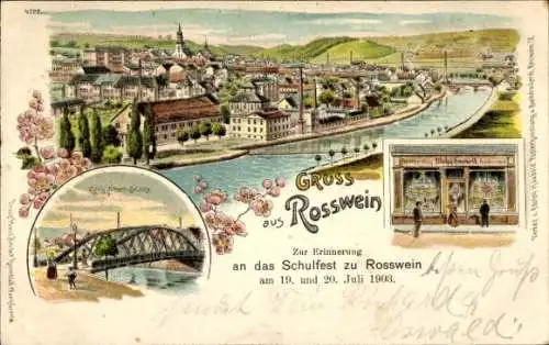 Litho Roßwein in Sachsen, Schulfest 1903, Stadtansicht, Geschäft