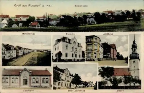 Ak Rußdorf Limbach Oberfrohna Sachsen, Apotheke, Gasthaus Stadt Altenburg, Turnhalle, Kirche