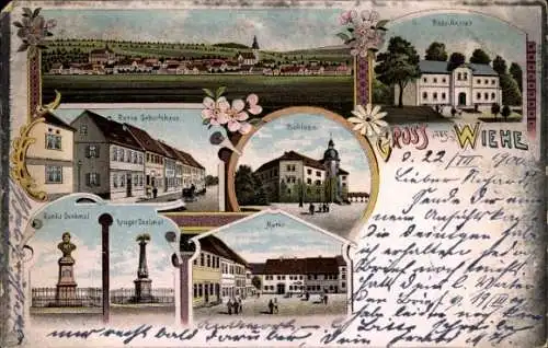 Litho Wiehe im Kyffhäuserkreis, Badeanstalt, Ranke Geburtshaus, Schloss, Markt, Denkmal