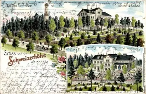 Litho Weinböhla im Landkreis Meißen, Gaststätte Schweitzerhöhe, Bes. Carl Schweitzer, Konzertsaal