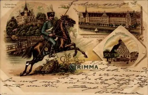 Litho Grimma in Sachsen, Gattersburg, Fürstenschule, Rathaus