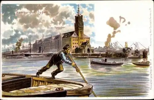 Künstler Litho Bruycker, H. de, Hamburg, Quai Speicher, Hafenarbeiter