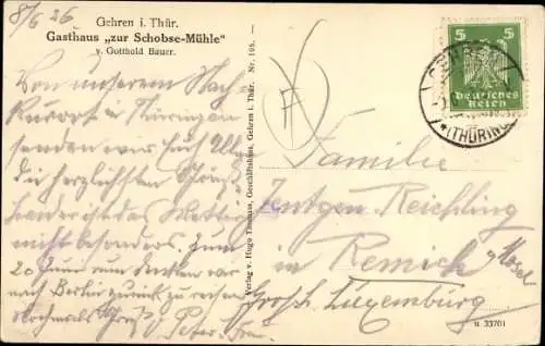 Ak Gehren Ilmenau in Thüringen, Gasthaus zur Schobse Mühle