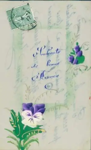 Handgemalt Zelluloid Ak Blumen, Stiefmütterchen, Kitsch