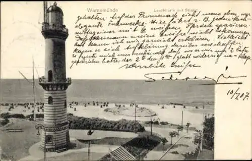Ak Ostseebad Warnemünde Rostock, Leuchtturm, Strand