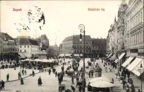 Ak Zagreb Kroatien, Jelacicev trg, Marktplatz, Denkmal, Geschäfte