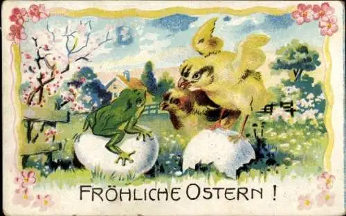 Künstler Ak Fröhliche Ostern, Küken, Frosch