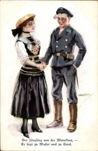 Künstler Ak Usabal, Luis, Soldat, Frau in Tracht, Der Jüngling von der Waterkant