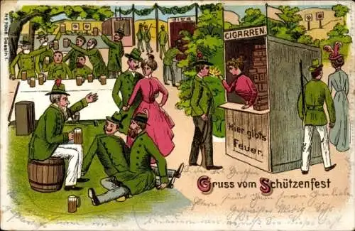 Litho Schützenfest, Männer trinken Bier, Stand mit Zigarren