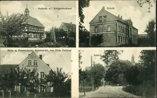 Ak Prießnitz Frohburg in Sachsen, Rathaus mit Kriegerdenkmal, Schule, Bäckerei Pleißner, Schloss