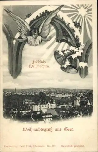 Ak Gera in Thüringen, Totale, Engel, Glocken, Weihnachtsgruß