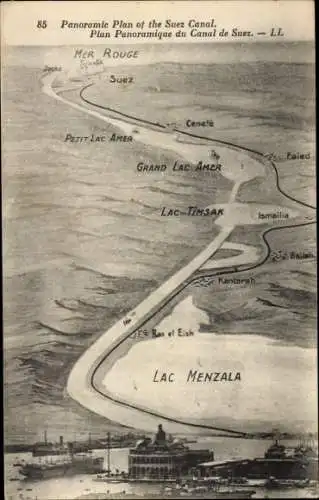 Ak Suez Ägypten, Panoramaplan des Suezkanals, Lac Menzala