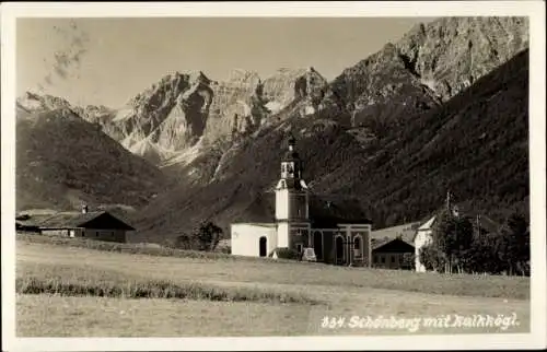 Ak Schönberg im Stubaital in Tirol, Kirche und Wohnhäuser, Kalkkogel