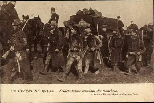 Ak-Krieg von 1914-1915, belgische Soldaten kehren aus den Schützengräben zurück