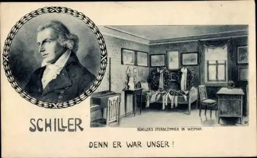 Ak Weimar in Thüringen, Schillers Sterbezimmer, Porträt, Kränze