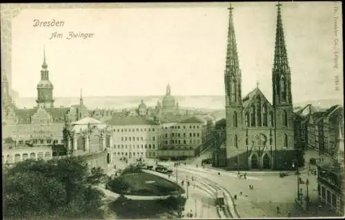 Ak Dresden Altstadt, am Zwinger, Kirche, Straßenbahnen