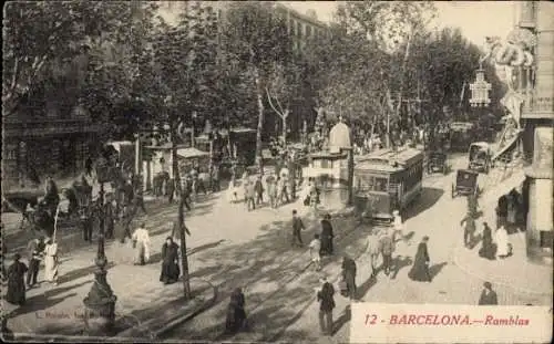 AK Barcelona Katalonien Spanien, Ramblas, Straßenbahn