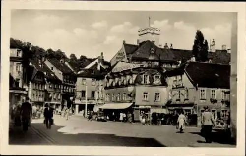 Ak Greiz im Vogtland, Puschkinplatz, Geschäfte