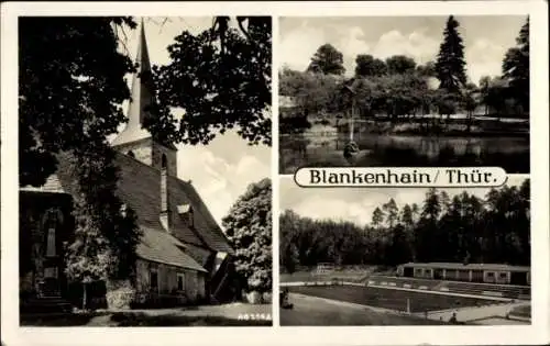 Ak Blankenhain in Thüringen, Kirche, Freibad, Wasserfontäne