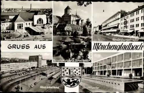 Ak Mönchengladbach am Niederrhein, Hauptbahnhof, Hindenburgstraße, Münsterkirche, Geroweiher