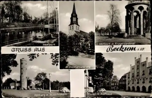 Ak Beckum in Westfalen, Westpark, St. Stephanuskirche, Kriegerdenkmal, Höxberg mit Aussichtsturm