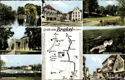 Ak Brakel in Westfalen, Feuerteich, Markt mit Rathaus, Kaiserbrunnen, St.-Michaels-Kirche