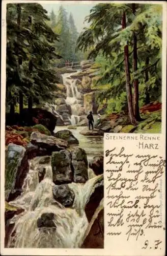 Künstler Litho Hasserode Wernigerode am Harz, Steinerne Renne, Wasserfall