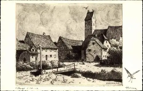 Künstler Ak Hansi, Jean Jacques Waltz, Village d'Alsace, Elsass, Dorfansicht