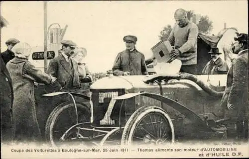 Ak Coupe des Voiturettes in Boulogne sur Mer 1911, Thomas betankt seinen Automotor