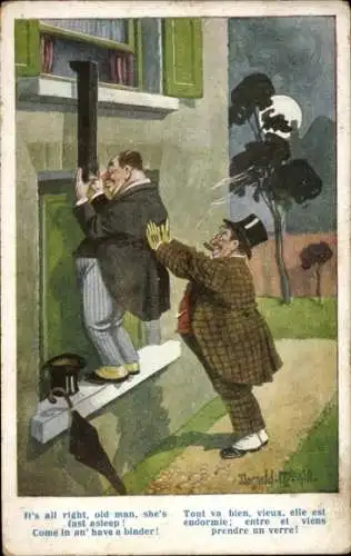 Künstler Ak Mann schaut in sein Schlafzimmerfenster, Periskop