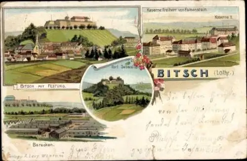 Litho Bitche Bitsch Lothringen Moselle, Festung, Kaserne Freiherr von Falkenstein, Fort Sebastian