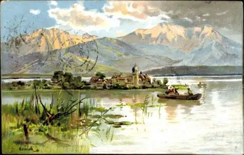 Künstler Litho Heinisch, Gemeinde Chiemsee, Blick zur Fraueninsel, Alpenpanorama, Ruderboot